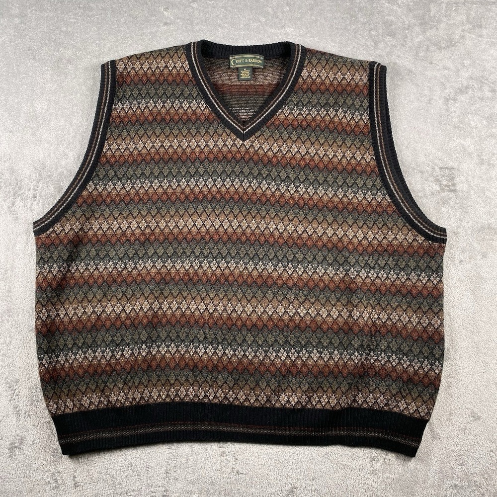 Vtg Croft & Barrow Sweater Vest Mens Sz XL Italy Wool‎ Grandpa Diamond Geometric